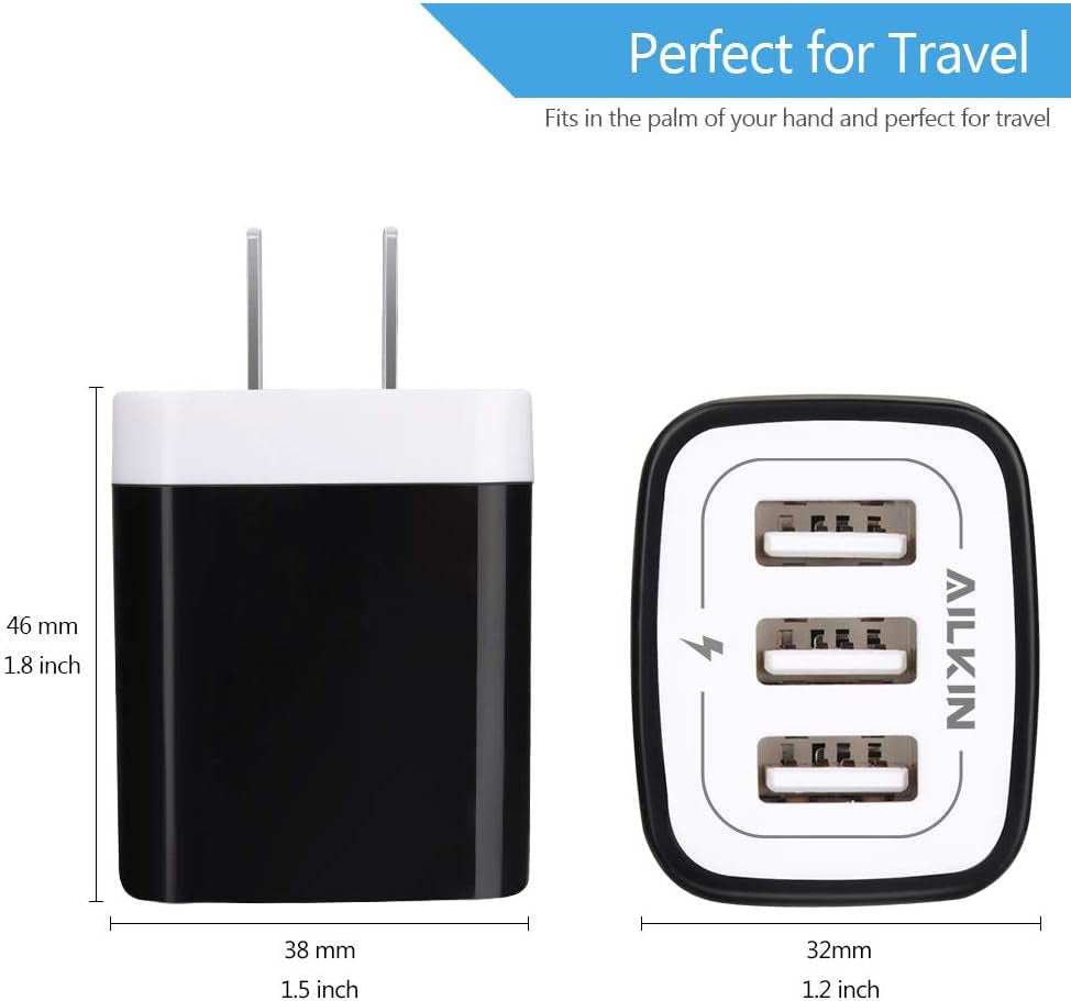 Wall Charger Plug, USB Plug Wall Outlet, 3 Multiport Charger Station Cube | USBA Box Charger Outlet Base Brick Block Replacement for Iphone, Ipad, and Iwatch Charger Plug (Black)