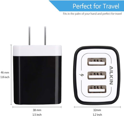 Wall Charger Plug, USB Plug Wall Outlet, 3 Multiport Charger Station Cube | USBA Box Charger Outlet Base Brick Block Replacement for Iphone, Ipad, and Iwatch Charger Plug (Black)