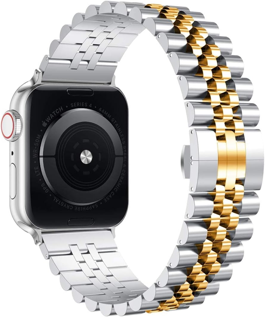Compatible with Apple Watch Bands 42Mm (Series 11 10 )41Mm 40Mm 38Mm, Stainless Steel Heavy Iwatch Bands with Butterfly Folding Clasp Link Bracelet for Series 9/8/7/6/5/SE3/2/1 Women Men, Silver/Gold