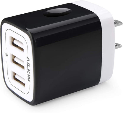 Wall Charger Plug, USB Plug Wall Outlet, 3 Multiport Charger Station Cube | USBA Box Charger Outlet Base Brick Block Replacement for Iphone, Ipad, and Iwatch Charger Plug (Black)