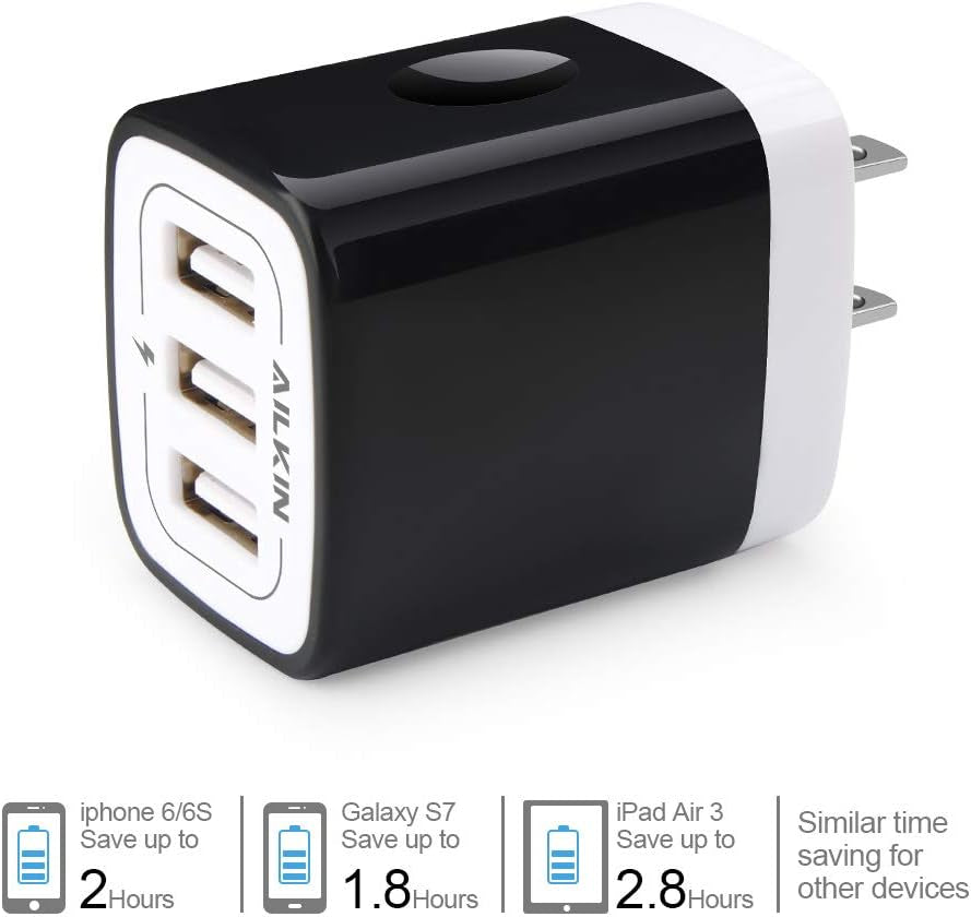 Wall Charger Plug, USB Plug Wall Outlet, 3 Multiport Charger Station Cube | USBA Box Charger Outlet Base Brick Block Replacement for Iphone, Ipad, and Iwatch Charger Plug (Black)