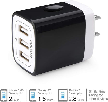 Wall Charger Plug, USB Plug Wall Outlet, 3 Multiport Charger Station Cube | USBA Box Charger Outlet Base Brick Block Replacement for Iphone, Ipad, and Iwatch Charger Plug (Black)